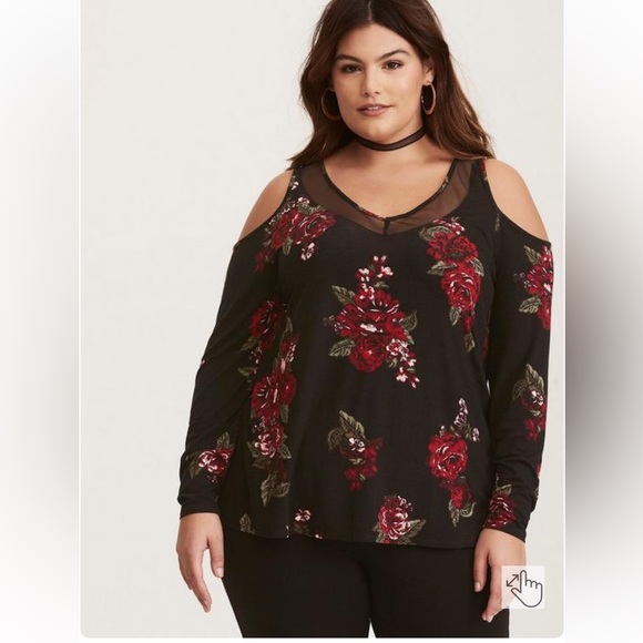 torrid Tops - ♥️TORRID BLACK FLORAL MESH INSET COLD SHOULDER TOP